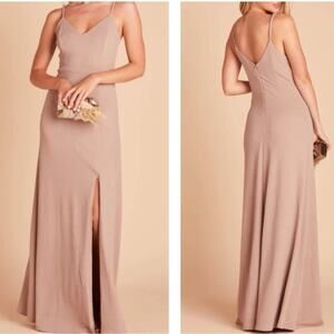 Birdy Grey Jay Crepe Gown Taupe Spaghetti Straps V Neck Slit Stretch Size XL NEW